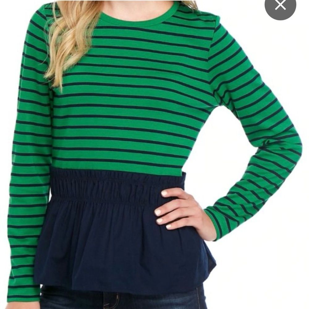 Crown & Ivy Top NWOT Green Navy Striped Peplum Nautical Tiered XL